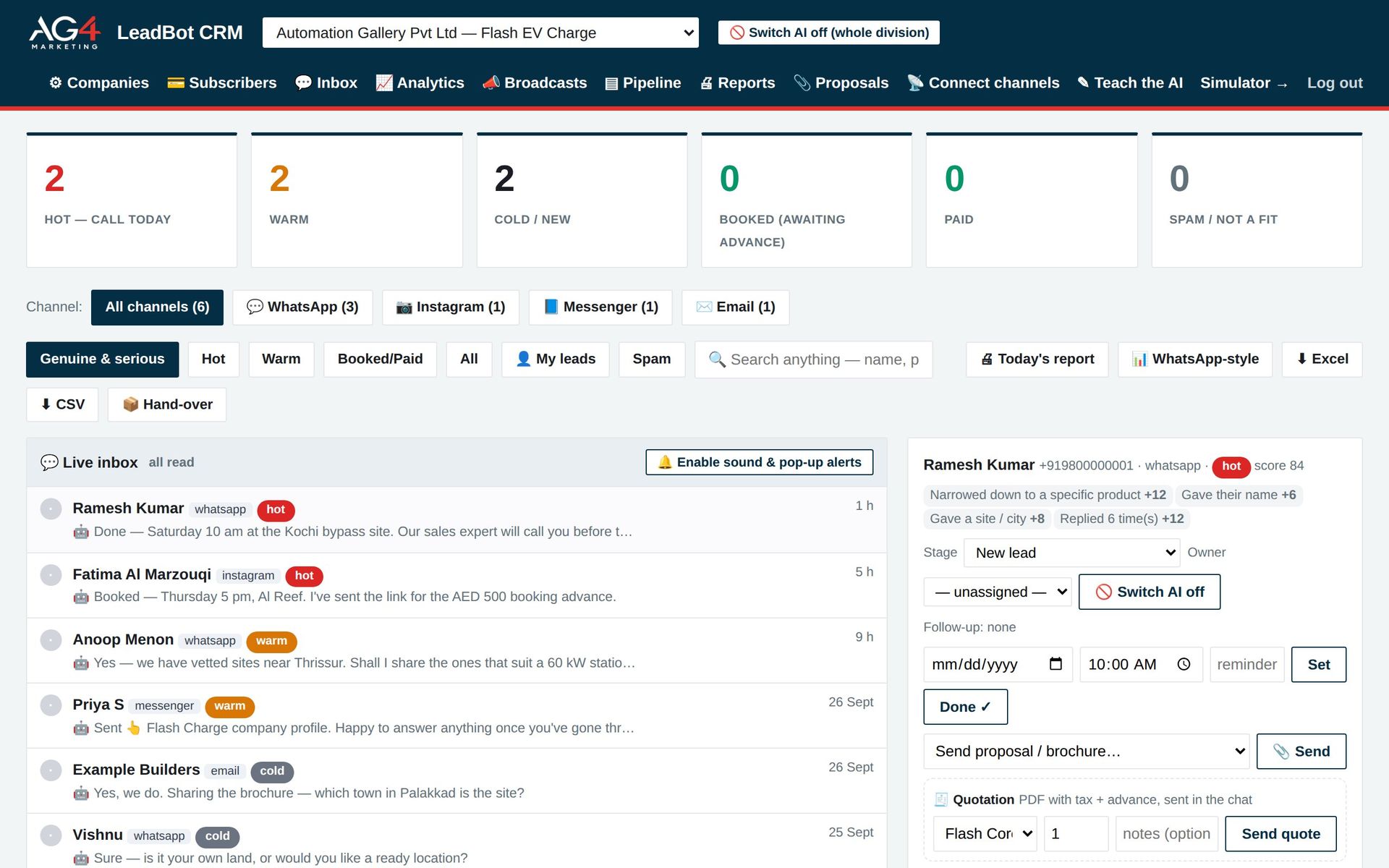 LeadBot workspace — live inbox, lead details and the conversation